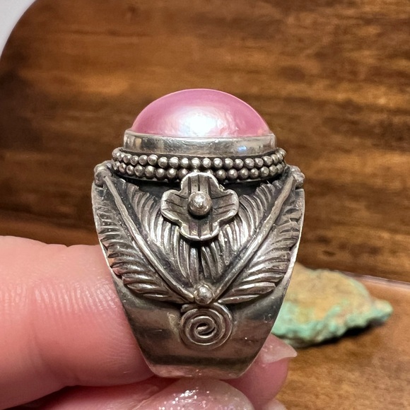 MERAN Vintage Southwestern Pink Mauve Pearl Ring Sterling Silver 925 - Picture 6 of 11